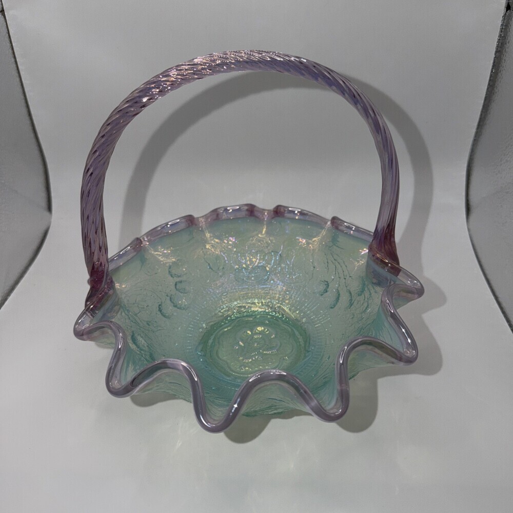 Vintage Fenton Art Glass Bowl Pink Crested Aquamarine Persian Medallion Pattern.